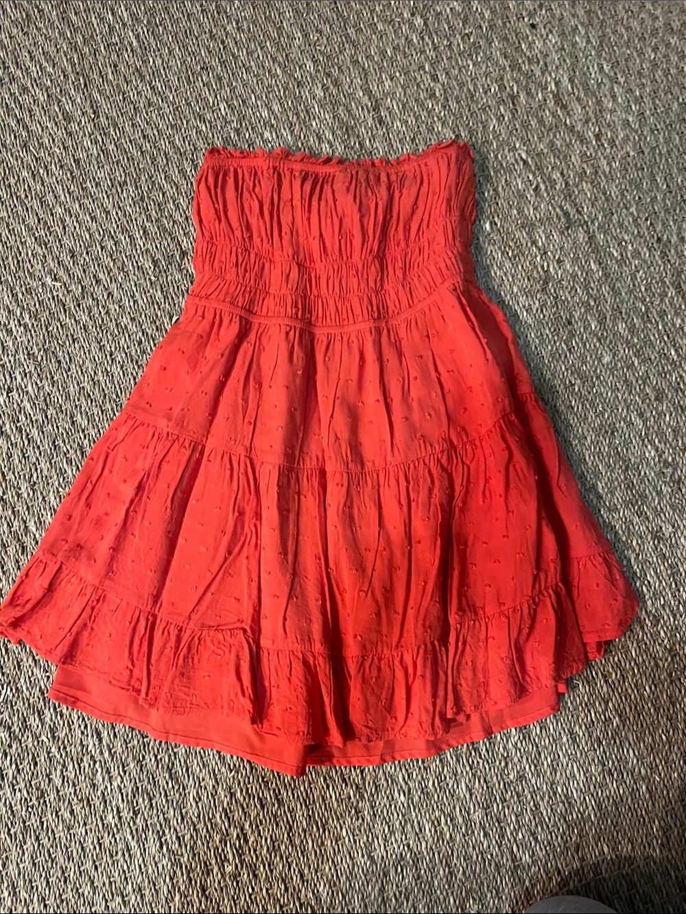 Red Strapless Tiered Cotton Skirt